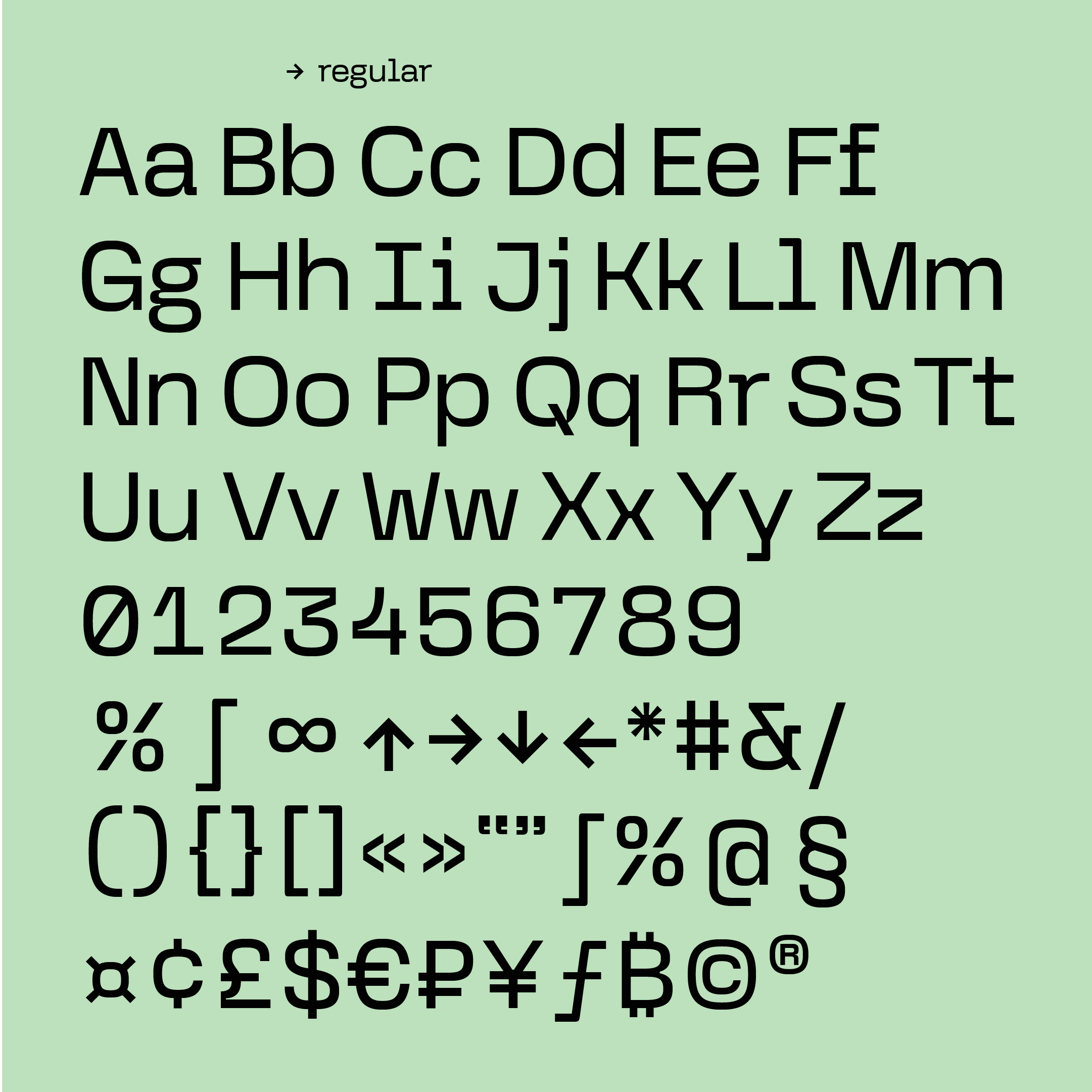 Graphic of a typography specimen showing the alphabet and numerals on top of a dark gray background.